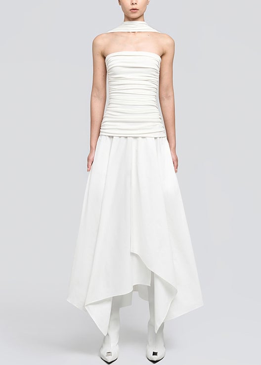 White Wrinkled Cotton Long Dresses Asymmetrical Summer