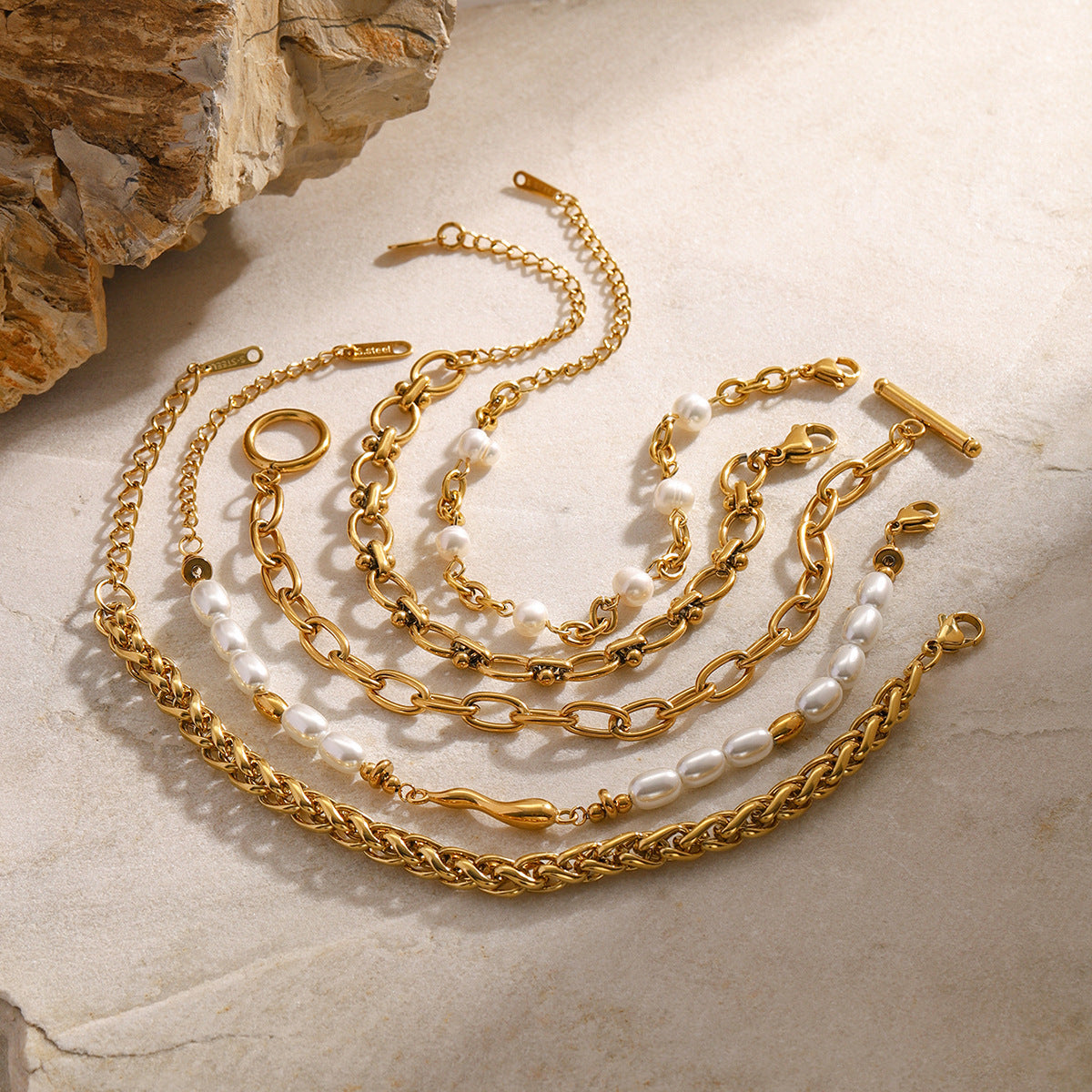 Jie Ding Stainless Steel Gold Pearl Bracelet Niche Metal Chain Titanium Steel Jewelry
