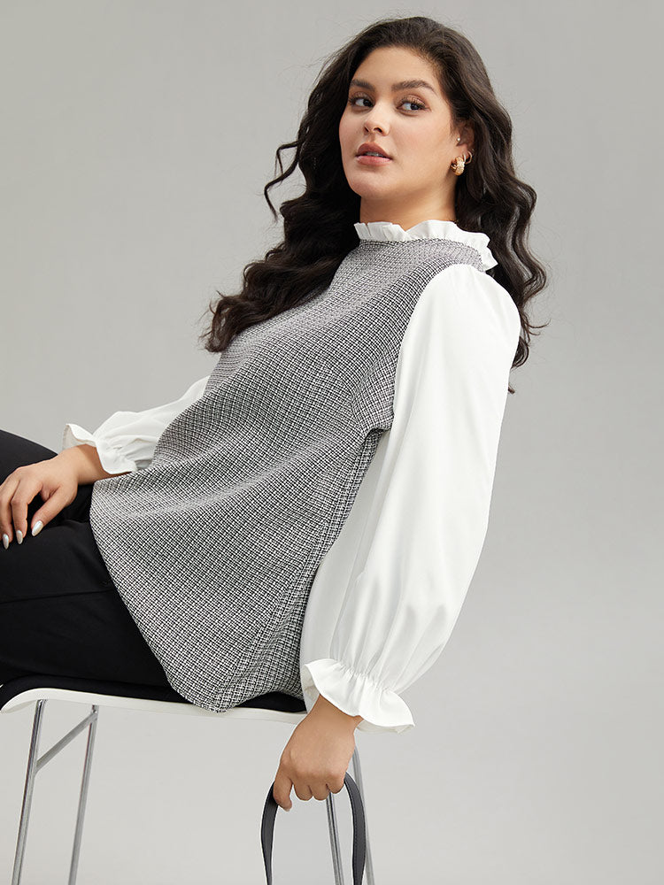 Gingham Ruffles Patchwork Frill Trim Blouse