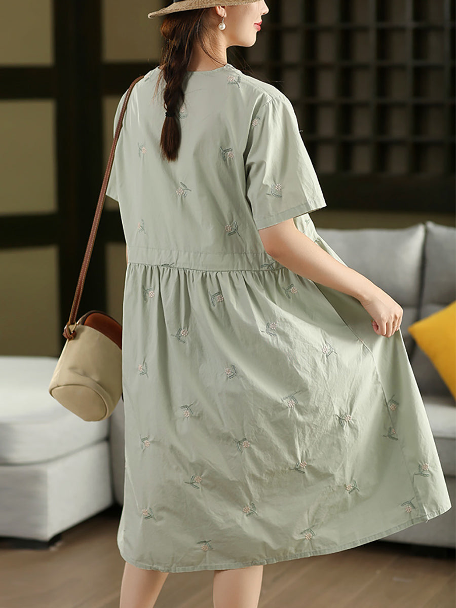 Women Summer Artsy Flower Embroidery V-Neck Cotton Dress