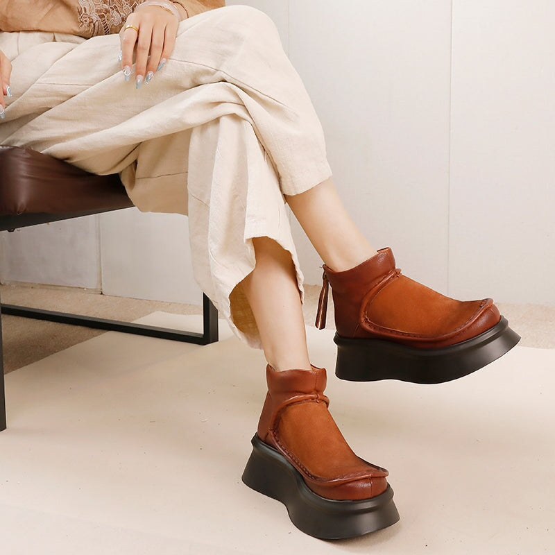 Retro Genuine Leather Platform Short Boots For Women Round Toe in Black/Brown