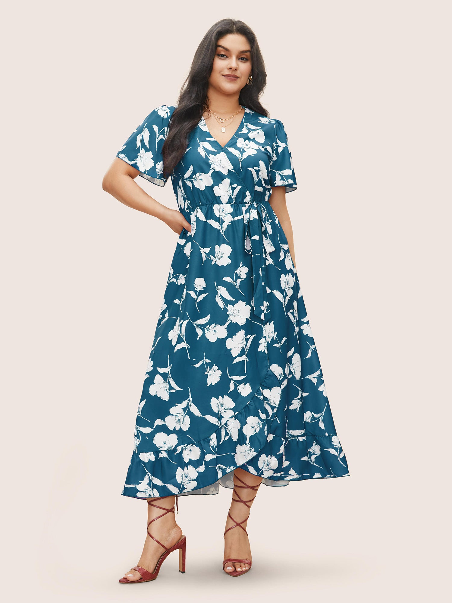 Floral Ruffle Knot Side Wrap Dress