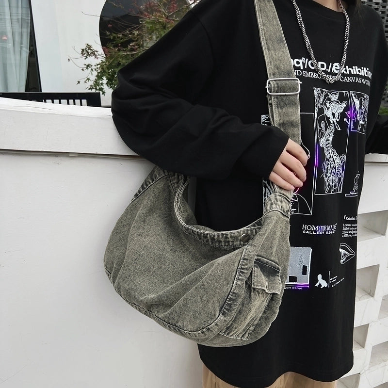 Unisex Denim Solid Color Sports Sewing Thread Square Buckle Shoulder Bag