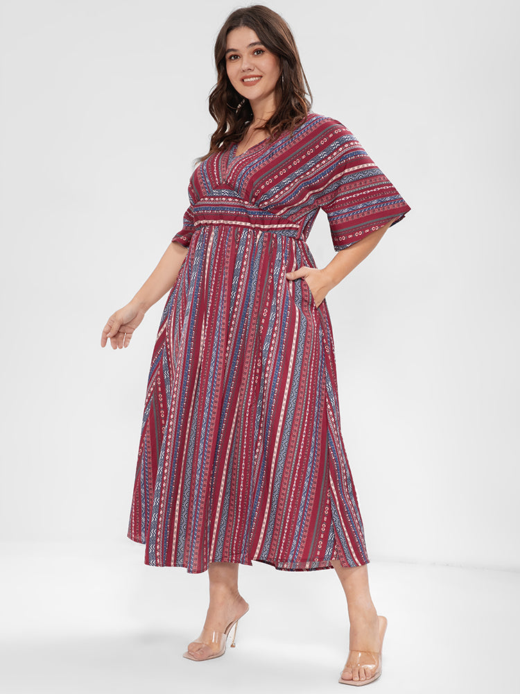 Geometric V Neck Pocket Split Maxi Dress