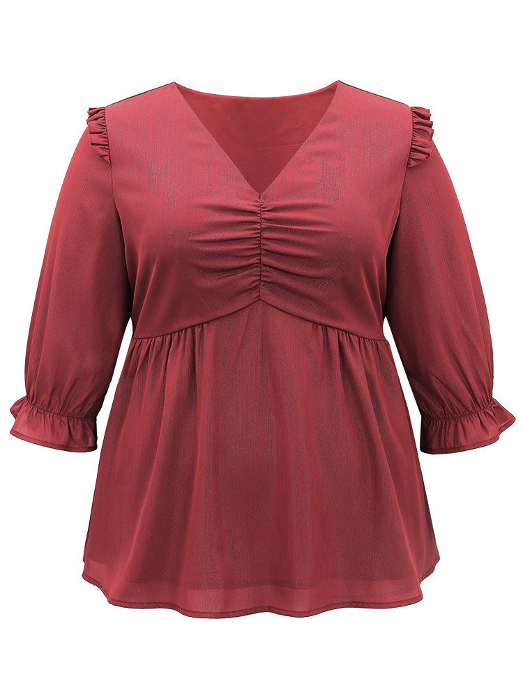Solid Frill Trim Ruched Elastic Waist Blouse