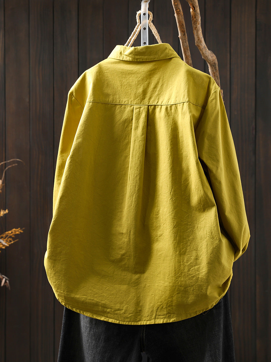 Women Summer Pure Color Turn-down Collar 100%Cotton Shirt
