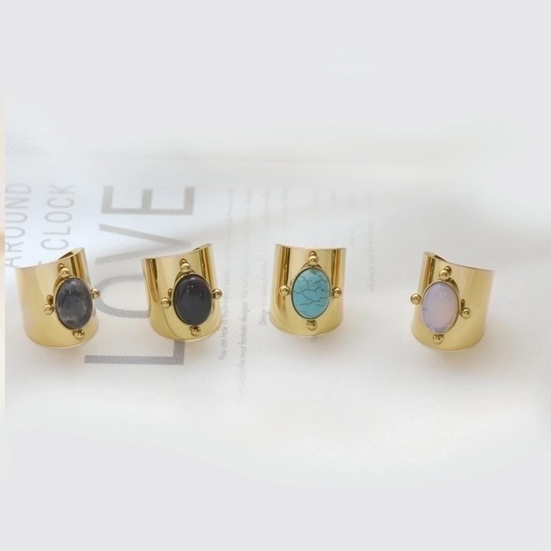 Fashion Round Square 304 Stainless Steel Artificial Gemstones 14K Gold Plated Plating Inlay Open Ring