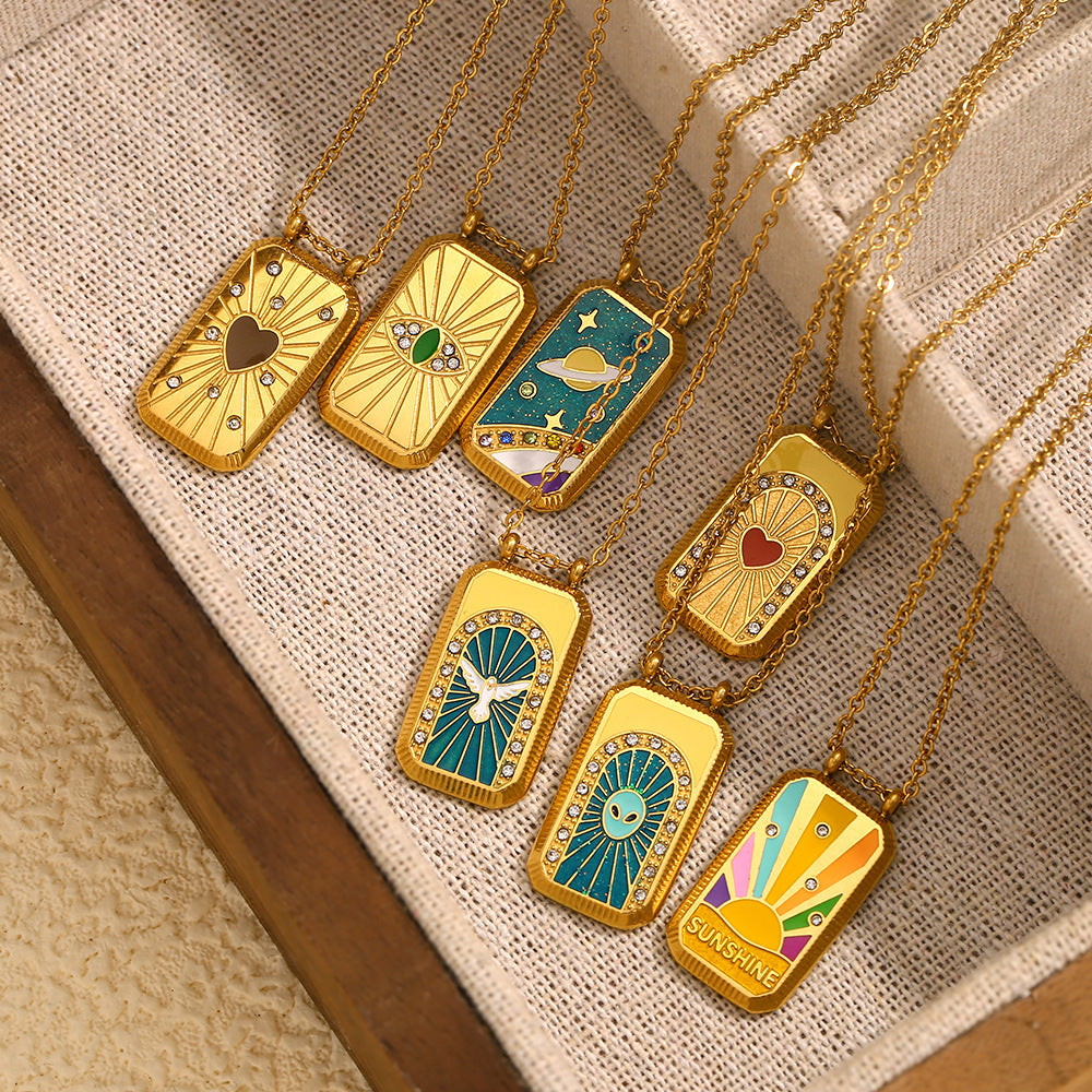 Ins Fashion Niche Geometric Square Retro Pendant Stainless Steel Plated 18K Gold Drop Oil Tarot Necklace Female