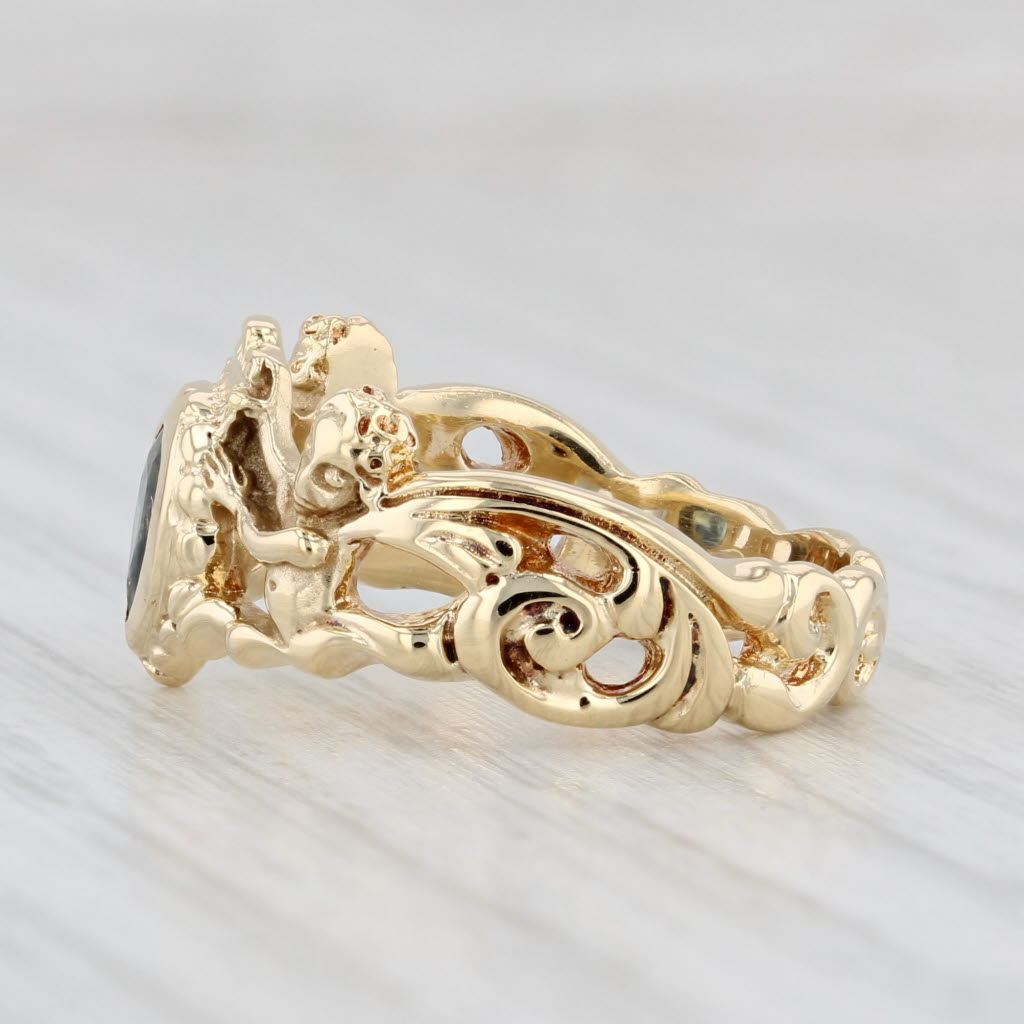 0.41ct Blue Sapphire Teardrop Ring 18k Yellow Gold Size 7 Heraldic Cherubs