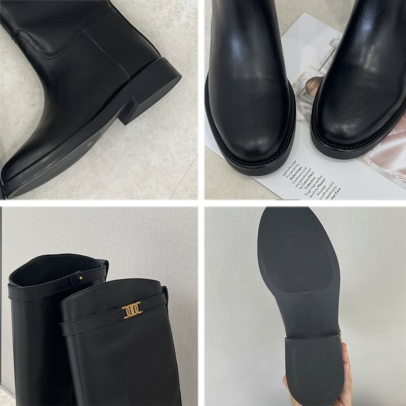 Riding Boots for Women In Cowhide Leather Round Toe Knee High Boots With Large Tube