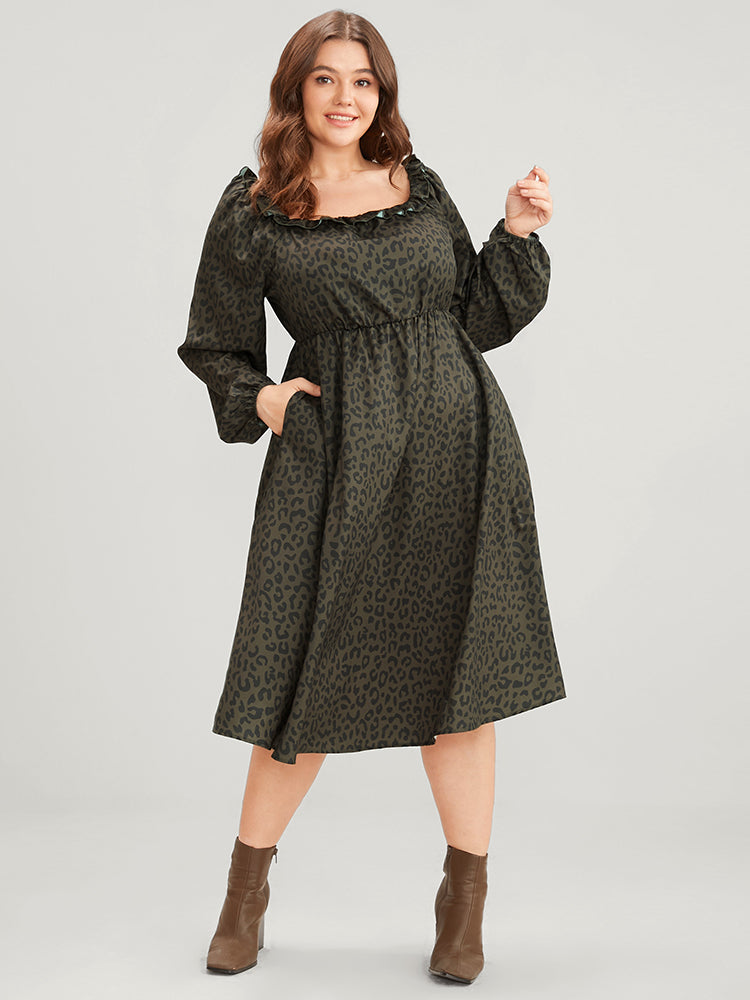 Leopard Print Square Neck Pocket Puff Sleeve Midi Dress