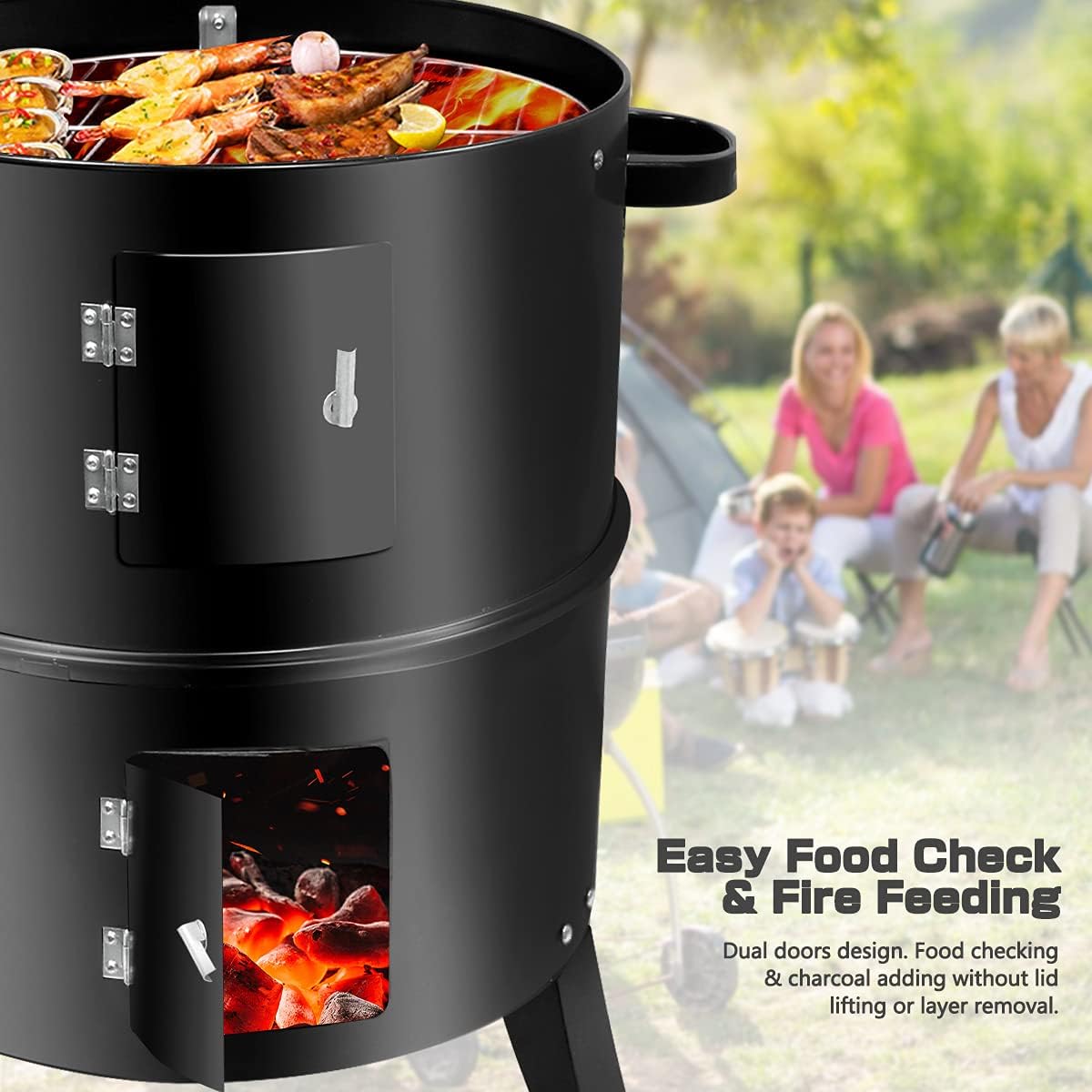 3 In 1 Vertical Charcoal Smoker. 16 inches Separable BBQ Smoker Grill Combo With Built-In Thermometer & Easy TEMP Adjustable Vent For Outdoor Cooking