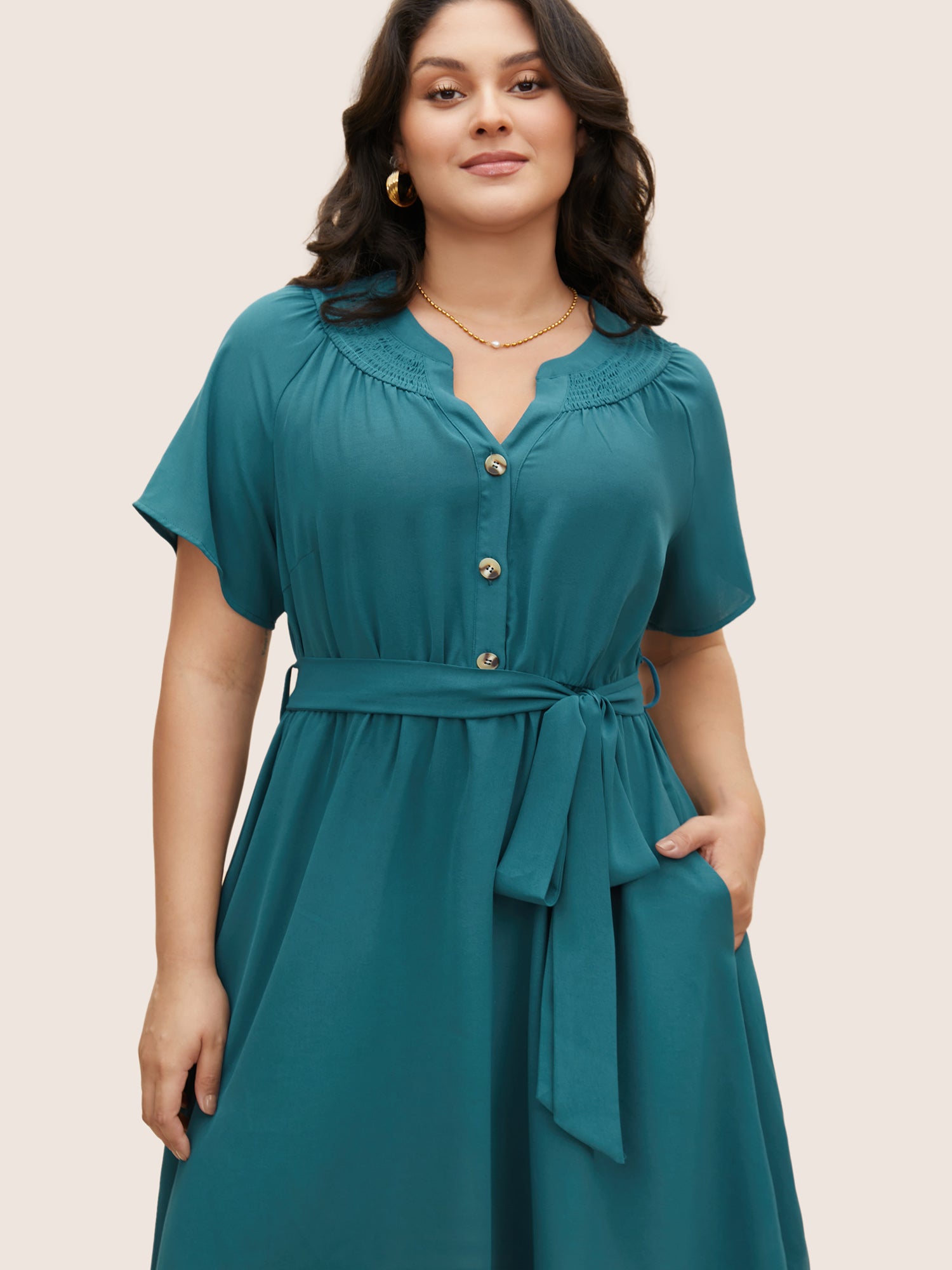 Shirred Notched Button Up Belted Dress