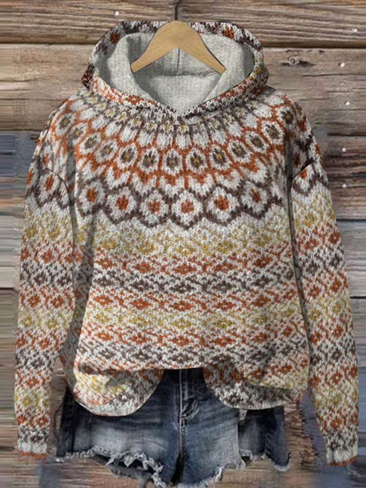 Vintage Geometric Jacquard Hooded Sweater