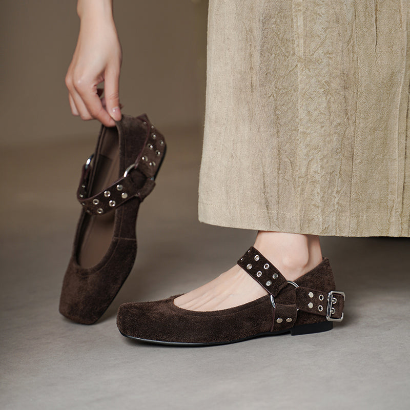 Women's Square Toe Leather Mary Jane Flats with Studded Strap Design in Green/Blue/Brown/Grey