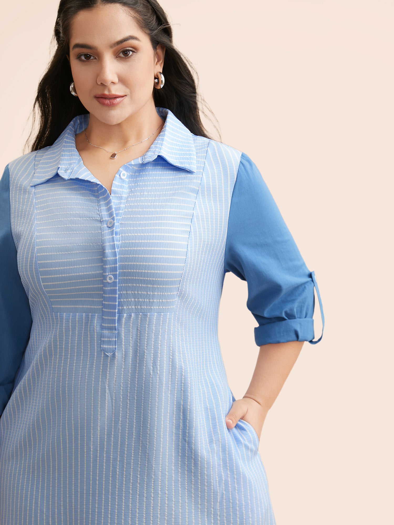 Striped Patchwork Contrast Tab Sleeve Dress