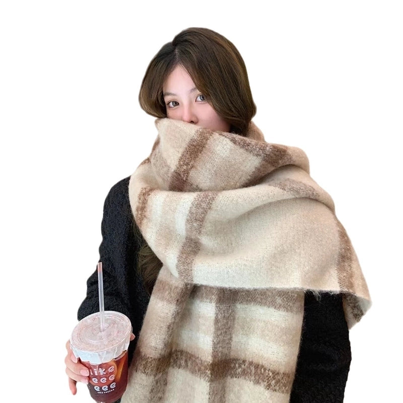 Mohair Plaid Scarf Women's Winter  Versatile Tassel Student Long Thickened Warm Scarf Large Shawl Fashion