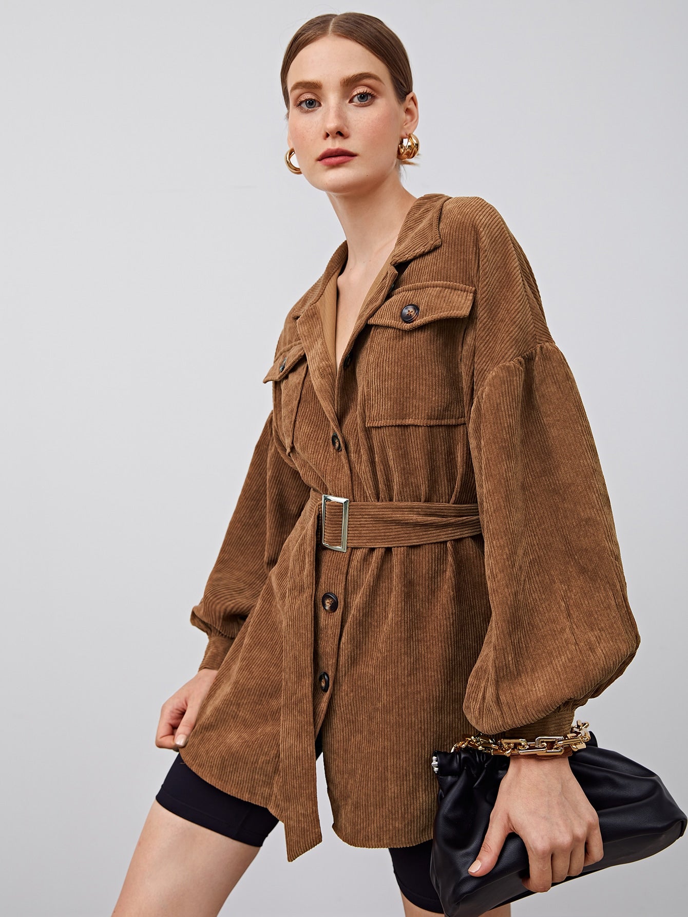 Collared Flap Pocket Front Buckle Belted Cord Coat without belt( CLEARANCE SALE