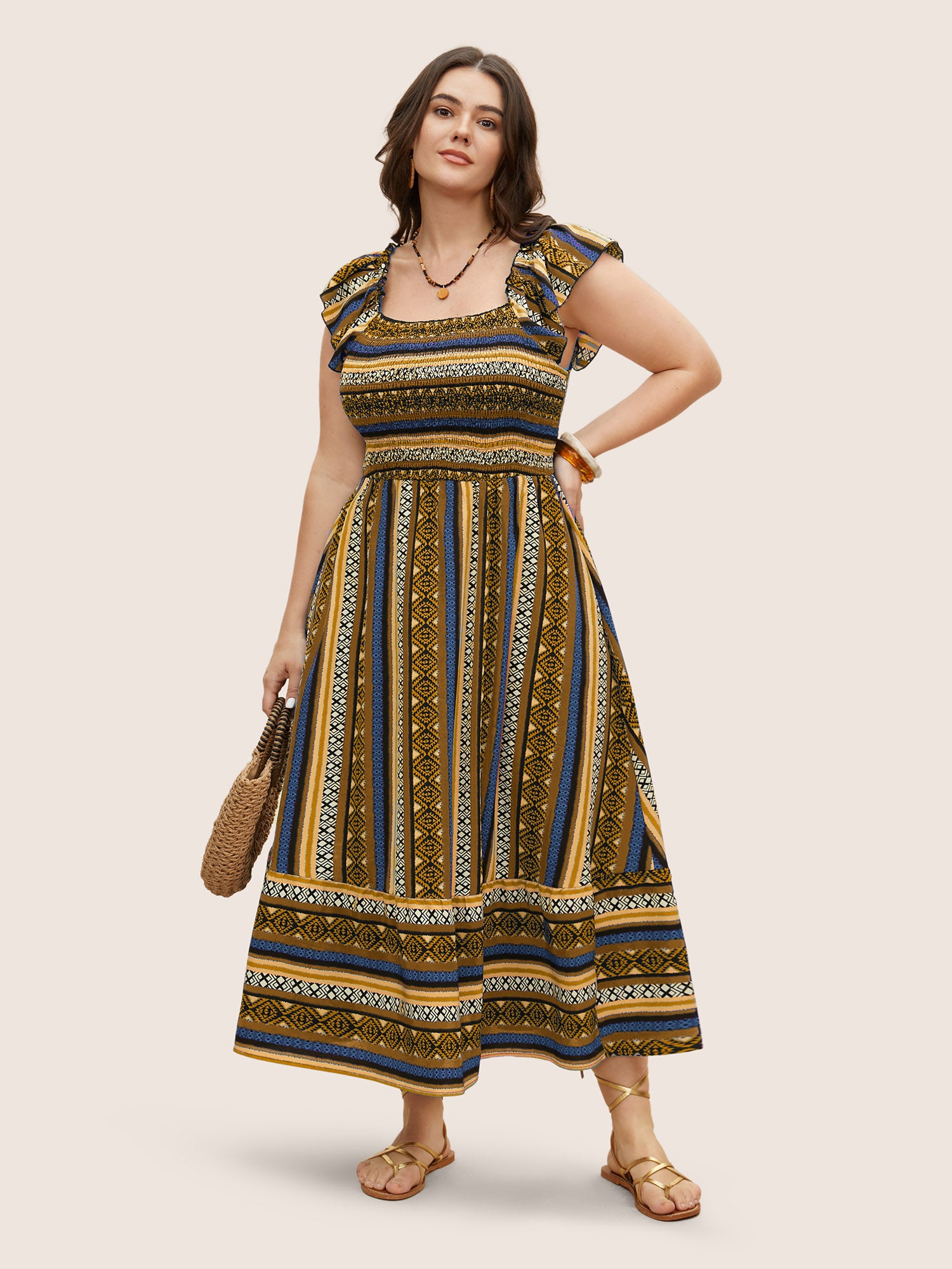 Bandana Striped Shirred Ruffle Trim Dress