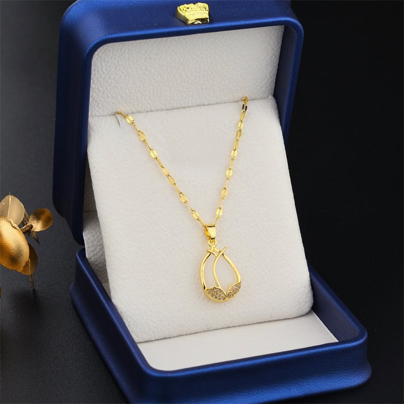 Golden Tulip Titanium Steel Necklace Female Fashion Clavicle Necklace Trendy Female Micro Inlaid Cat'S Eye Stone Full Diamond Accessories