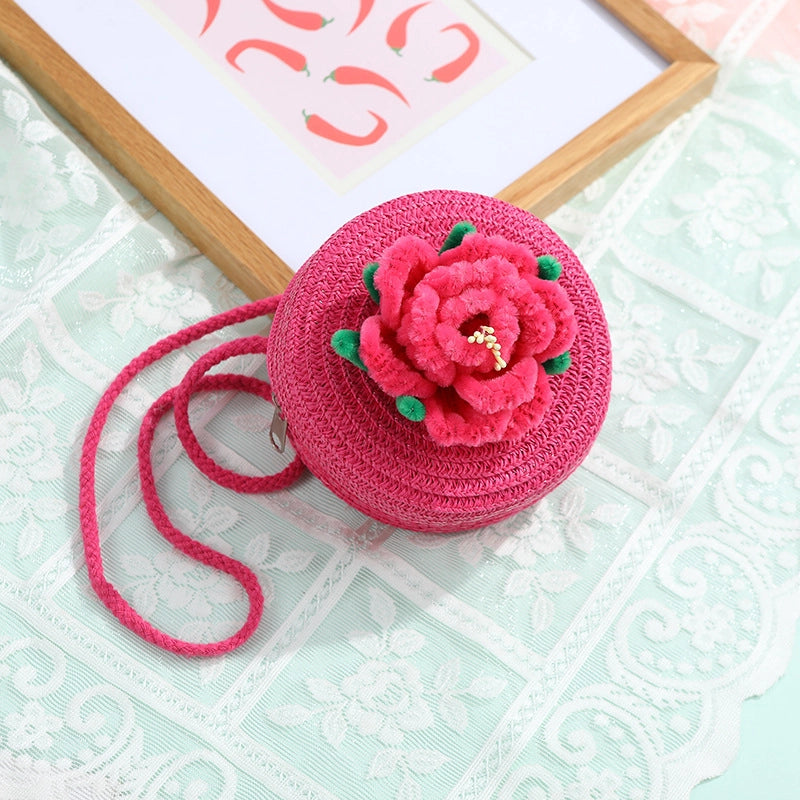 Women's Small Straw Solid Color Flower Vacation Beach Weave Round Zipper Straw Bag