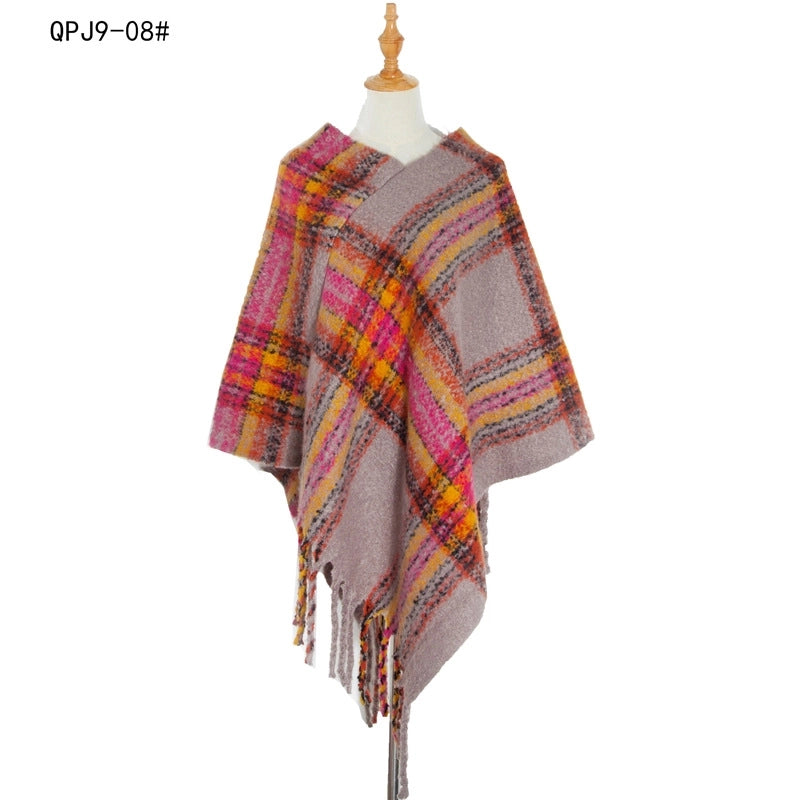 Hot Style New Autumn And Winter Women's Shawl Thick Tassel Loop Yarn Large Plaid Cloak