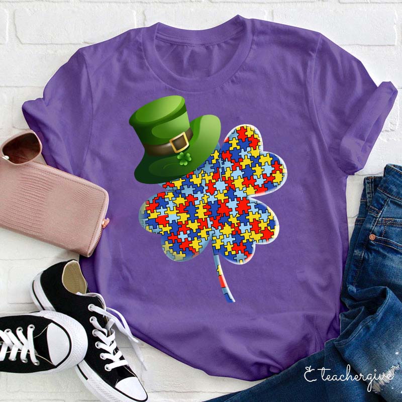 Puzzle Clover Wearing Leprechaun Hat Teacher T-Shirt