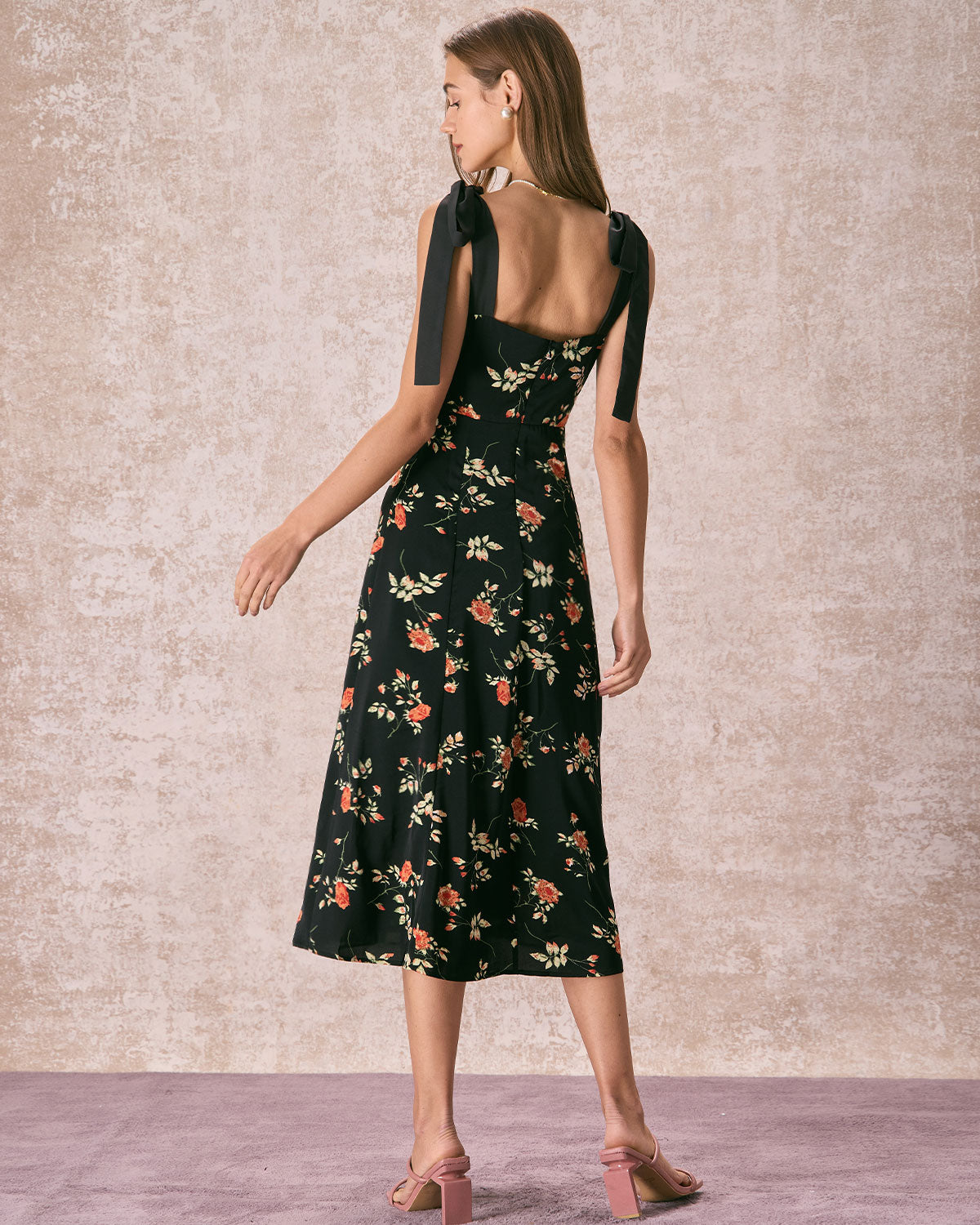 The Black Floral Ruched Tie Strap Slit Midi Dress