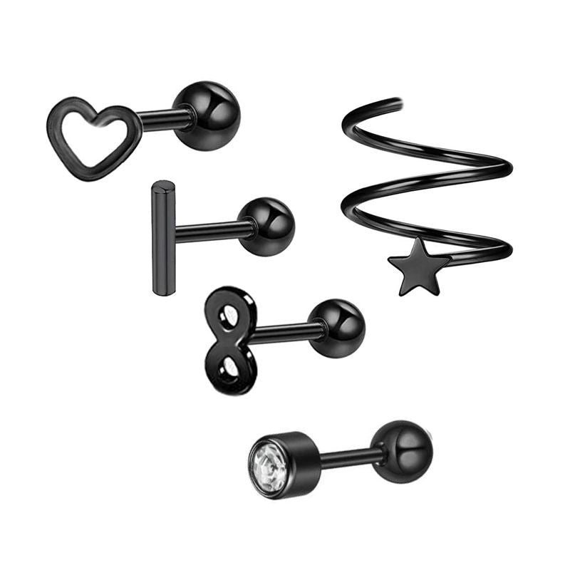 Minimalist Heart Shape Stainless Steel Plating Zircon Ear Studs 5 Piece Set