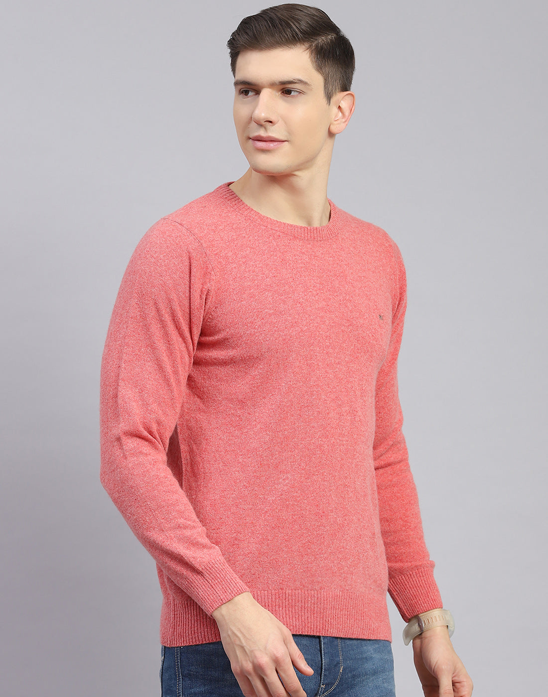 Men Pink Solid Round Neck Full Sleeve Pullover