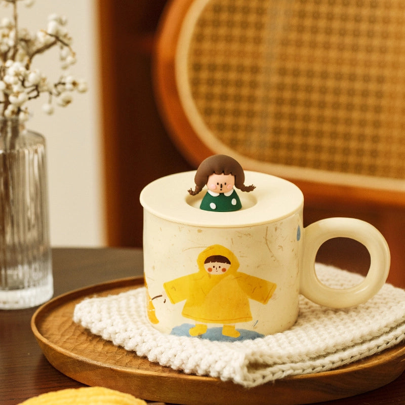 Vintage Girl's Dinner Plate Cute Plate Household Ceramic Plate Cartoon Plate Rice Bowl Small Bowl Mug With Lid
