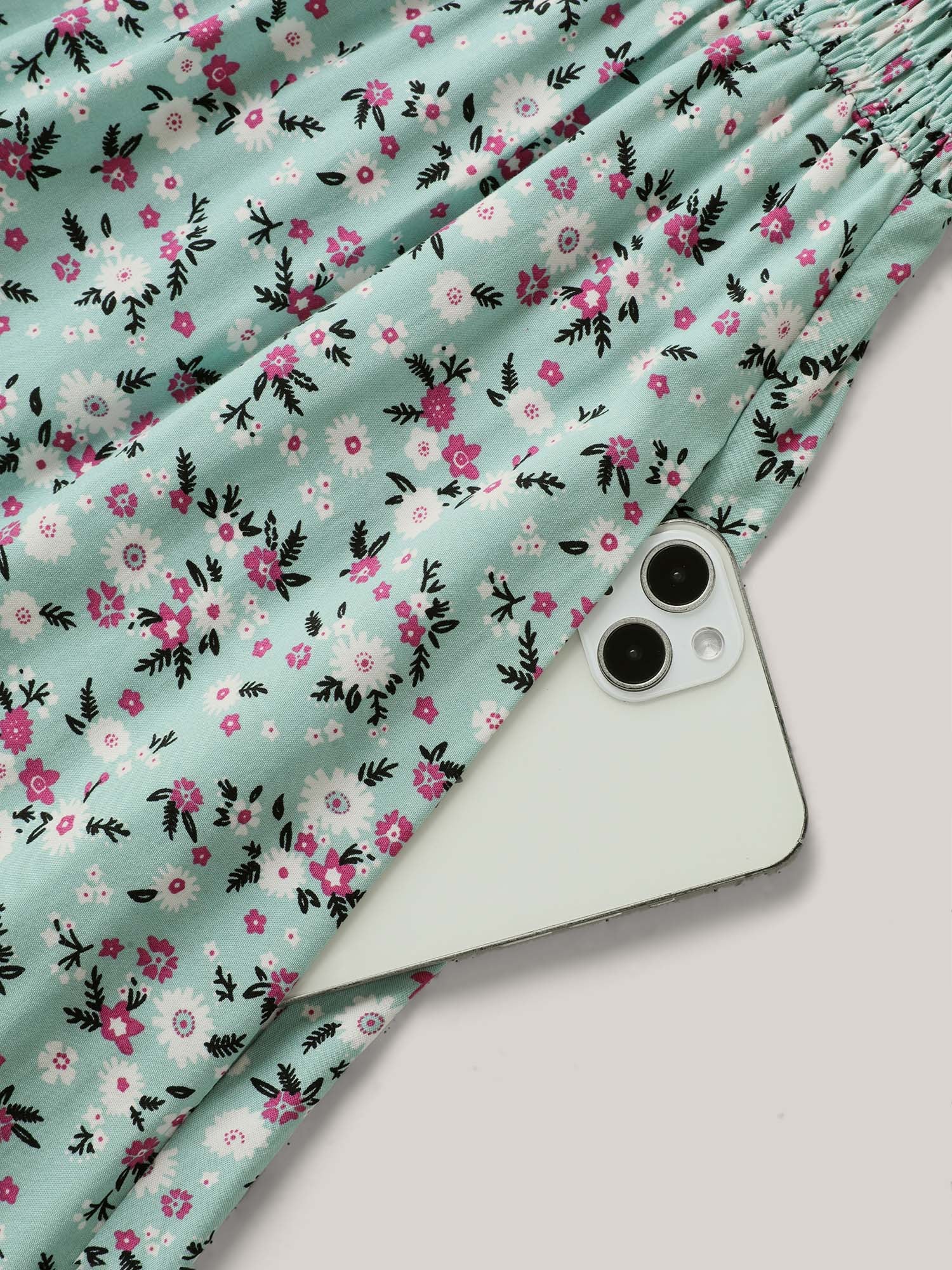 Rayon Ditsy Floral Print Shirred Midi Dress