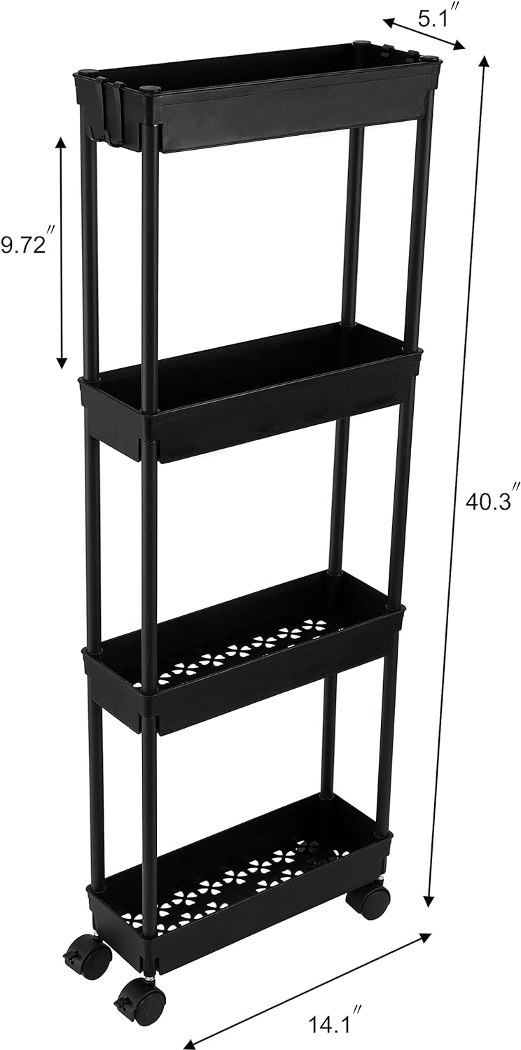 4 Tier Slim Storage Cart. Rolling Storage Cart. Narrow Shelf For Kitchen. Bathroom. Laundry Room (Black)