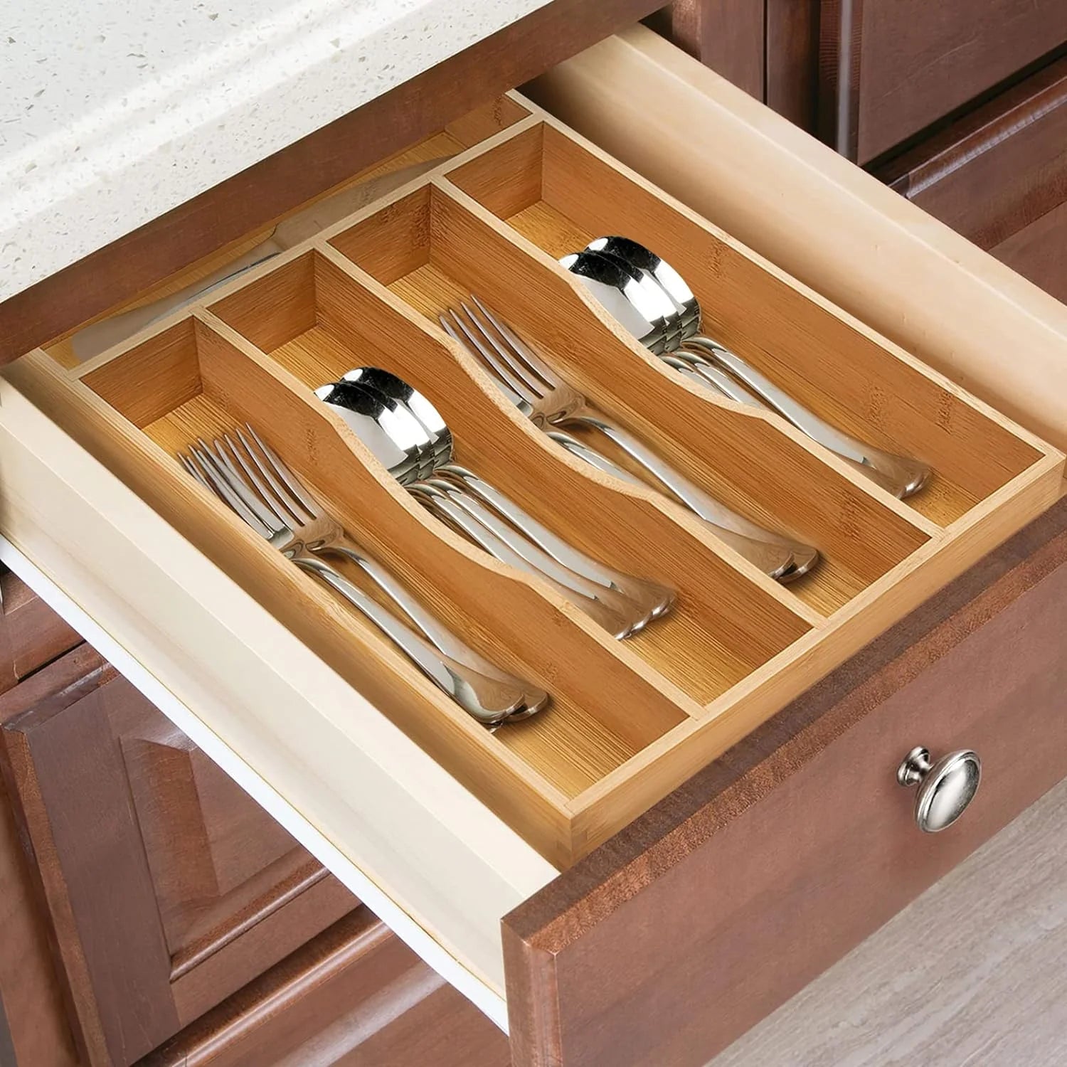 5 Compartment Bamboo Cutlery Tray. Kitchen Drawer Utensils Holder. Wooden Knife Fork Spoon Organizer Case