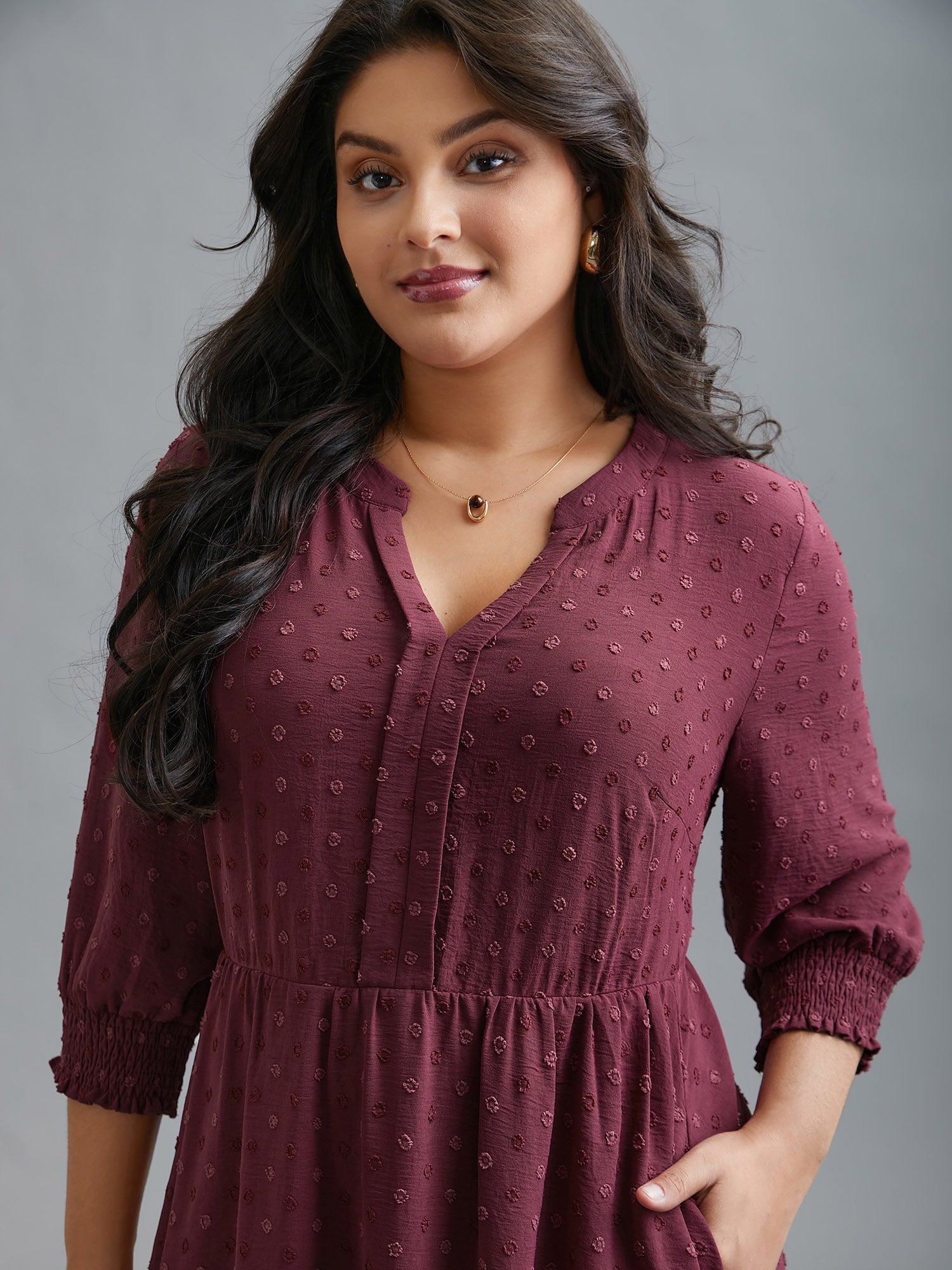 Notched Collar Textured Smocked Cuffs Dress