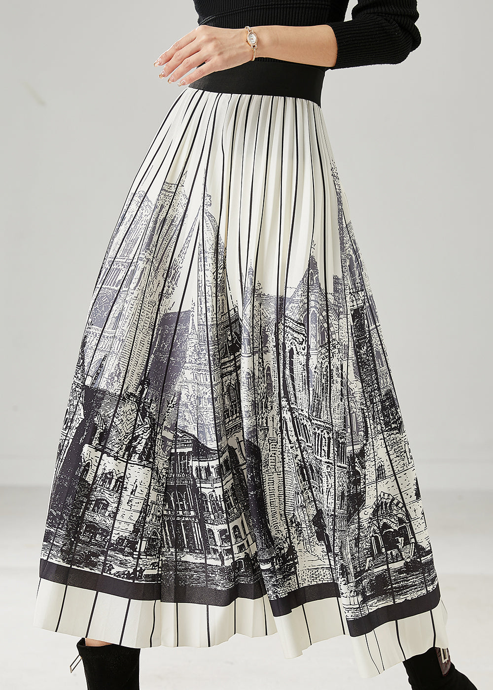 Classy White Striped Print Chiffon Pleated Skirts Summer