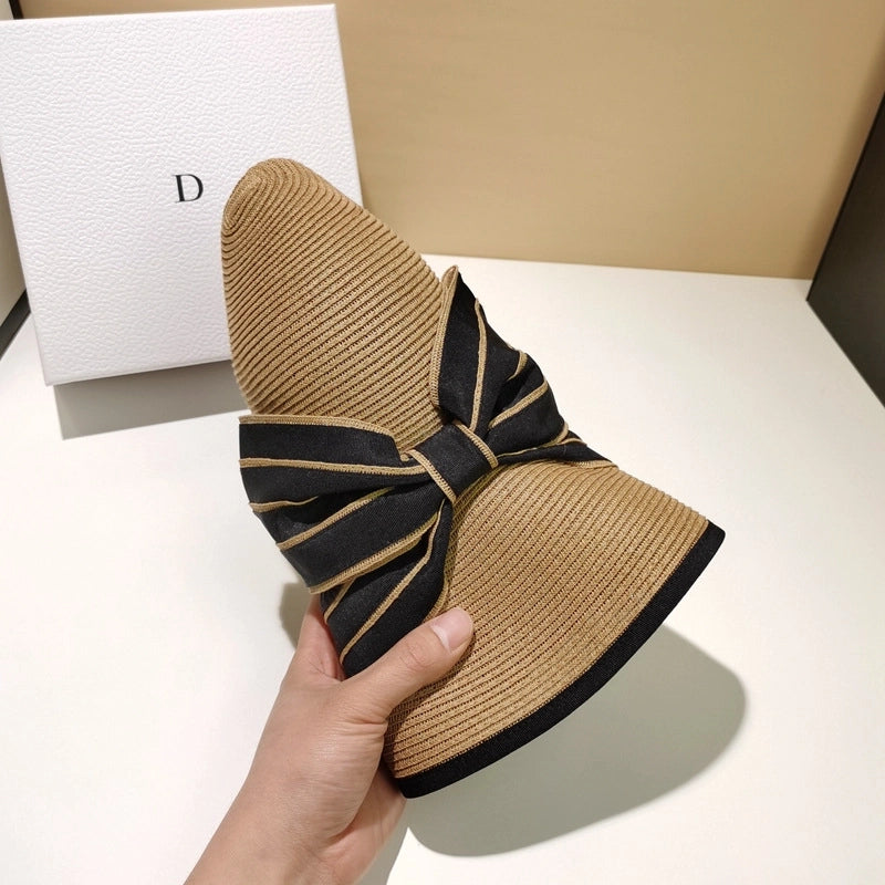 Women's Basic Pastoral Minimalist Bow Knot Wide Eaves Straw Hat