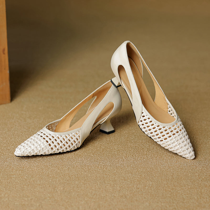Pointed Toe Woven Kitten Heel Pumps Hollow Out Leather Fashion Office Shoes in Black/Beige/Silver