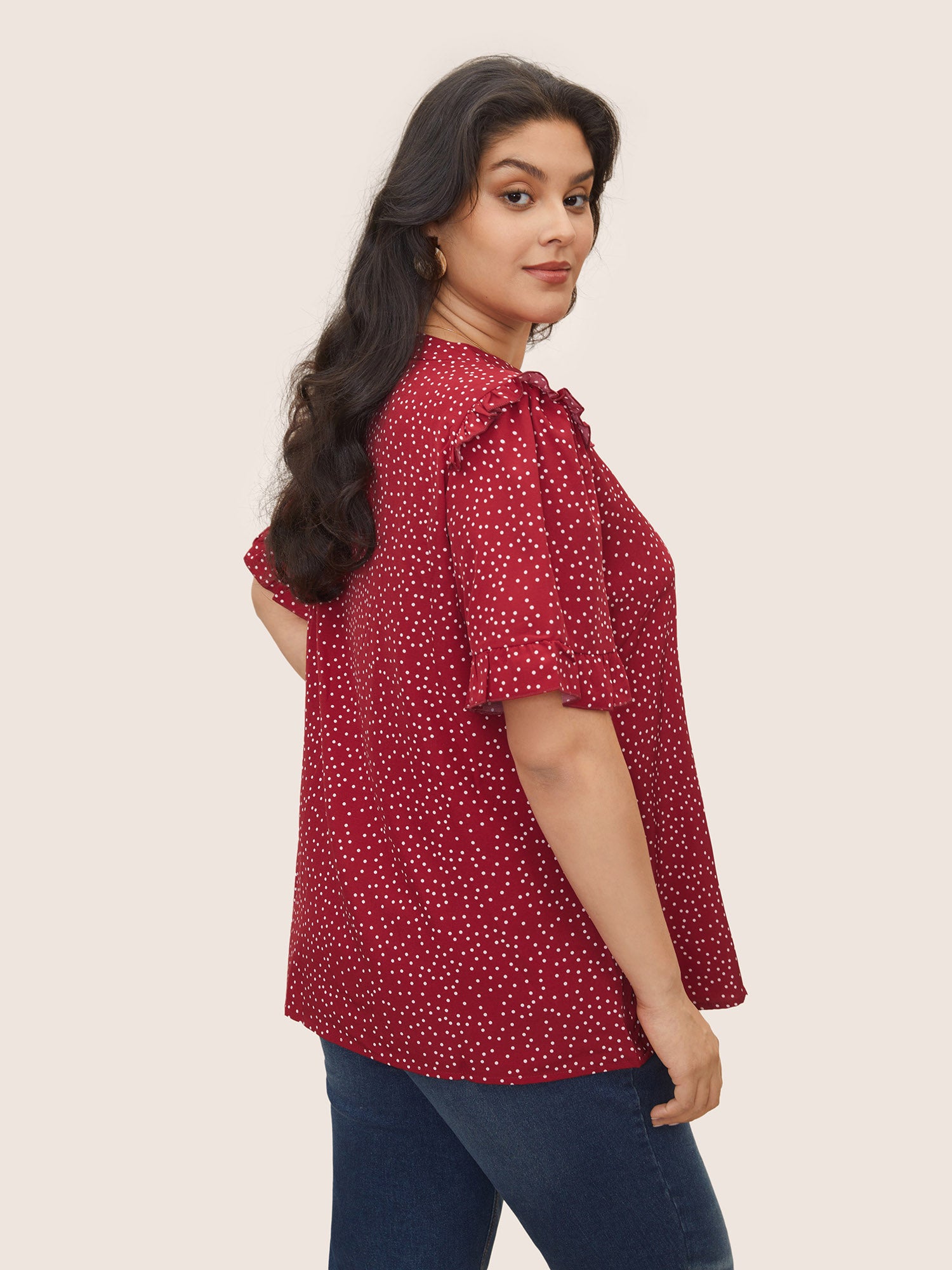 Polka Dot V Neck Ruffle Trim Blouse