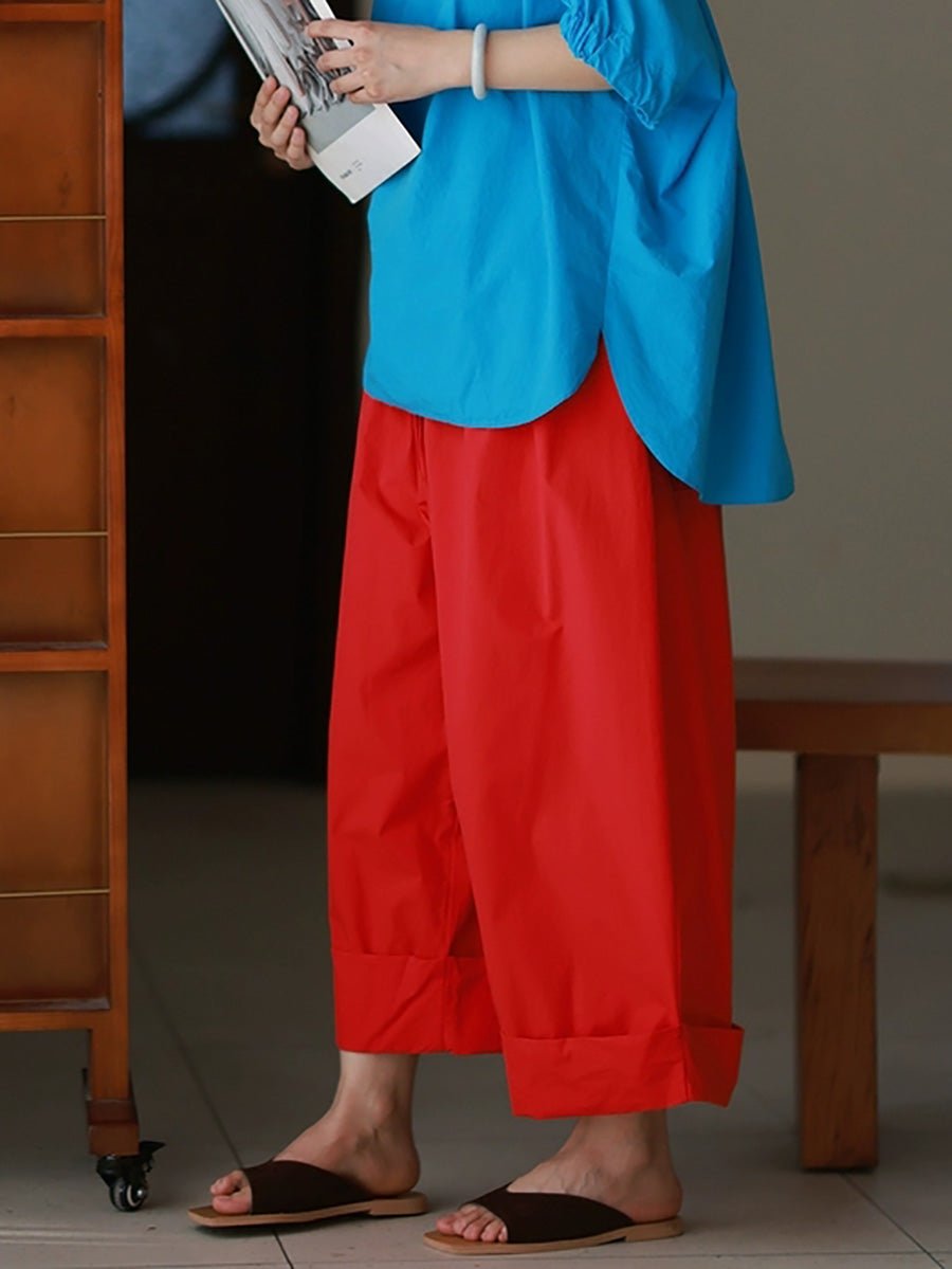 Women Summer Casual Pure Color 100%Cotton Wide-leg Pants