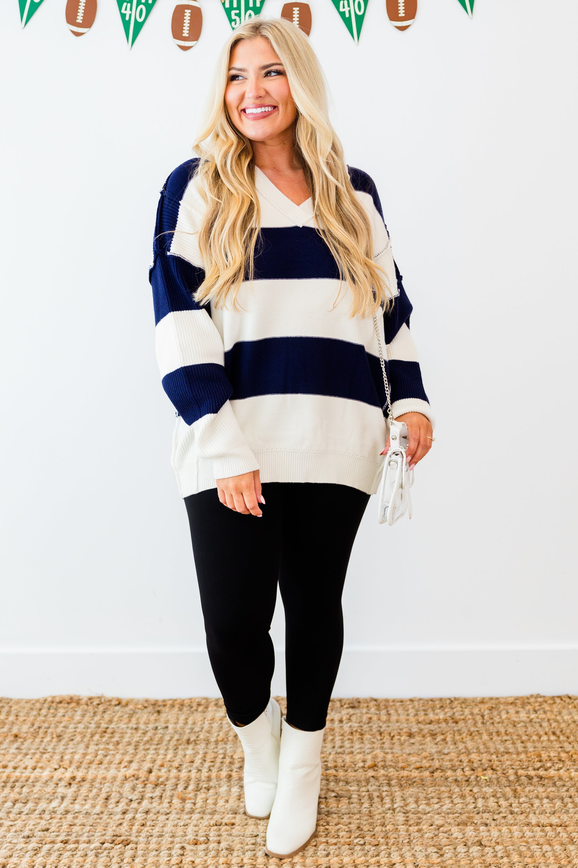 Lineage Cozy Striped Sweater. Navy-Ivory