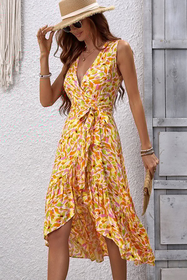 Floral Print V Neck Tie Waist Dress