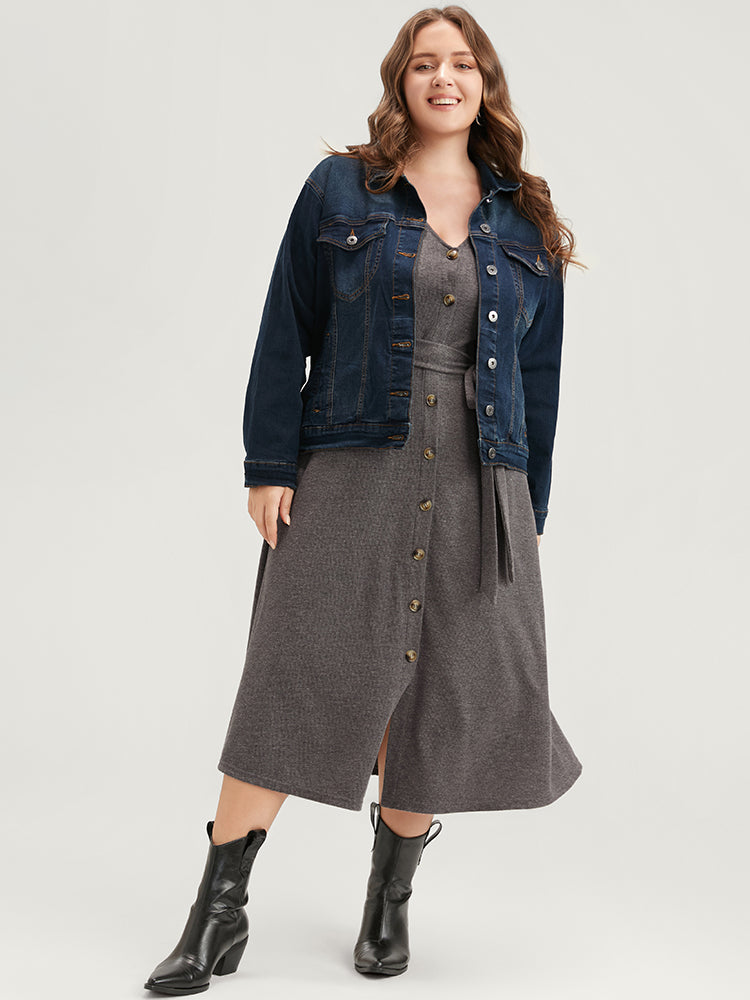 Solid Pocket Button Up Belted Rib Knit Dress