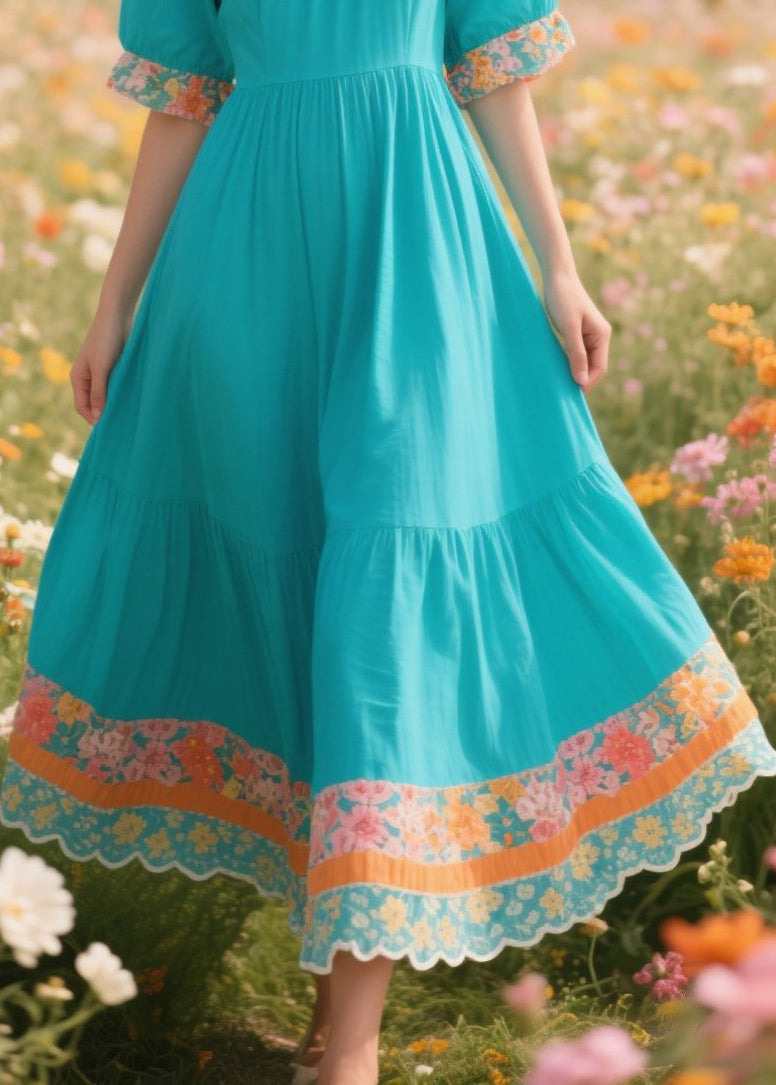 Loose Blue U Neck Patchwork Print Cotton Dress Summer
