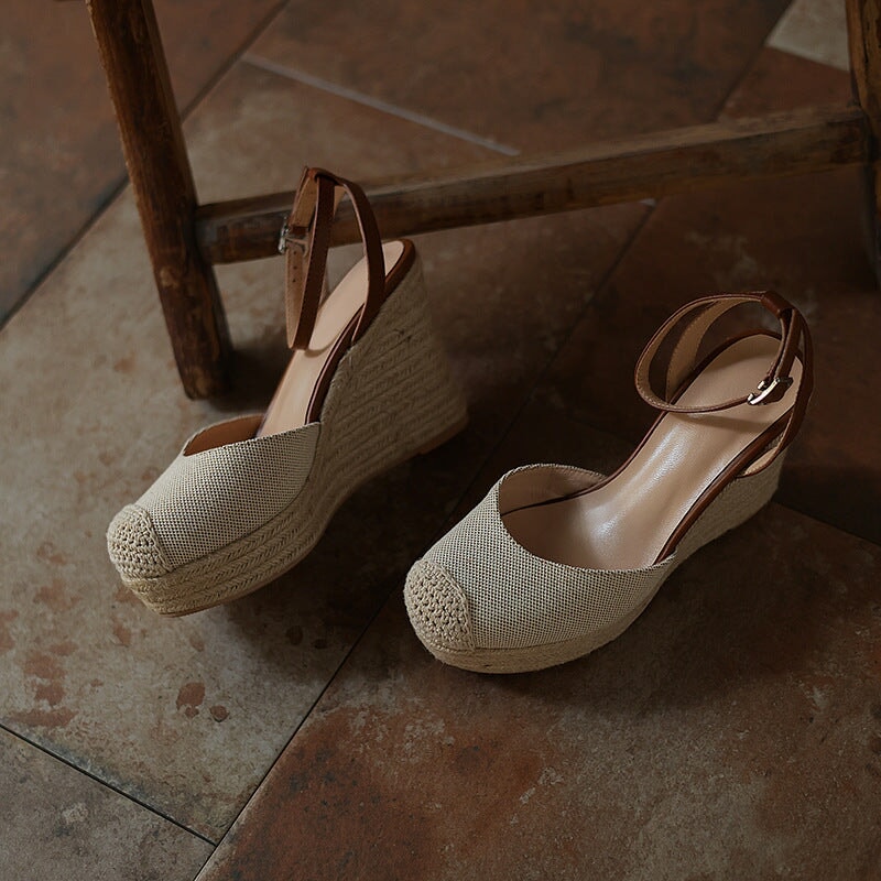 100mm Slingback Espadrille-Wedge Leather Sandals Ankle Strap in Apricot/Blue