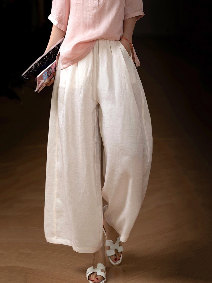 Women Summer Pure Color 100%Linen Wide-leg Cropped Pants