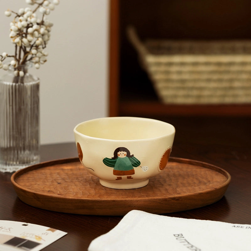 Vintage Girl's Dinner Plate Cute Plate Household Ceramic Plate Cartoon Plate Rice Bowl Small Bowl Mug With Lid