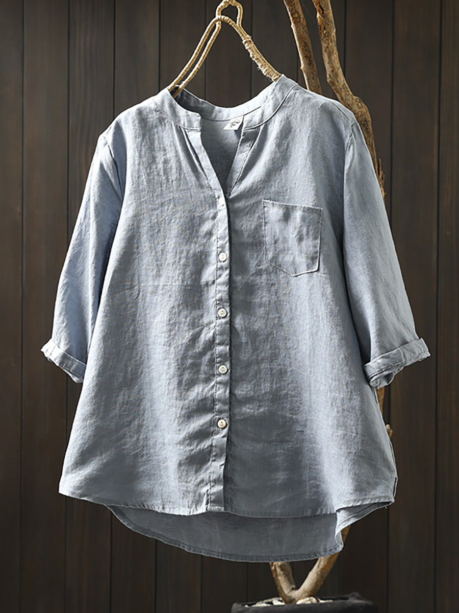 Plus Size Women Summer V-Neck Pure Color 100%Linen Shirt
