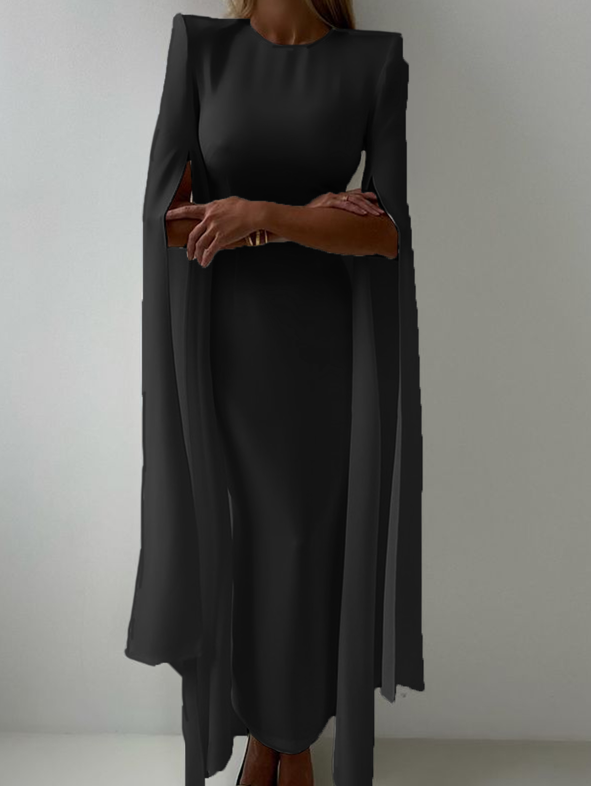 Formal Solid Crew Neck Cape Sleeve Maxi Dress