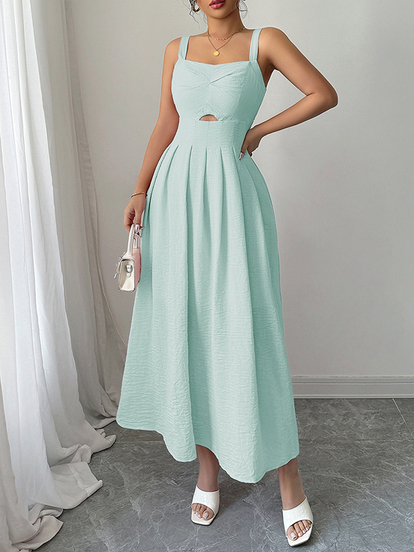A-line High Waisted Backless Hollow Pleated Solid Color Zipper Spaghetti-Neck Midi Dresses